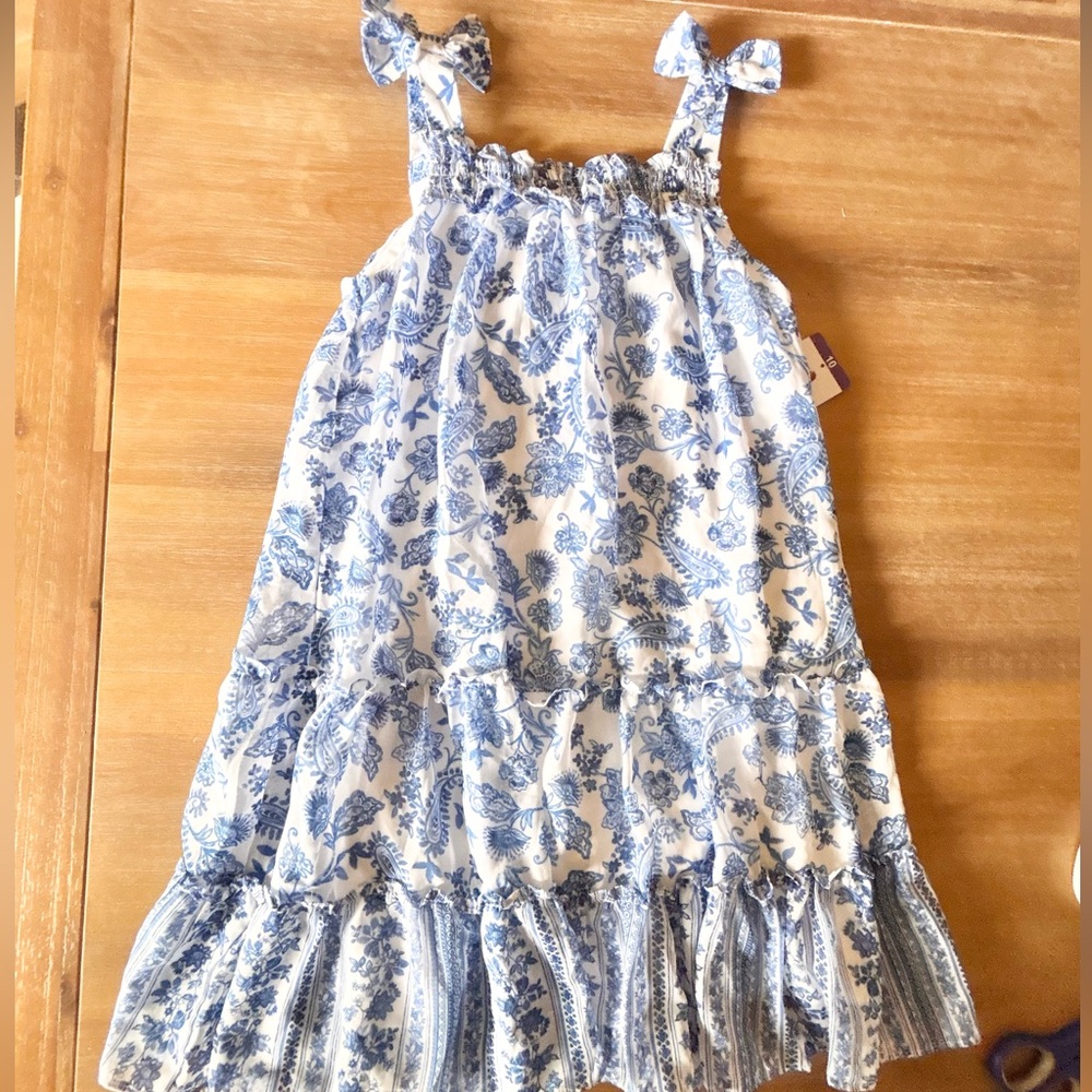 Jona Michelle Girls Floral Print Sleeveless Flowy Dress, Blue & White, Sz 10 NWT
